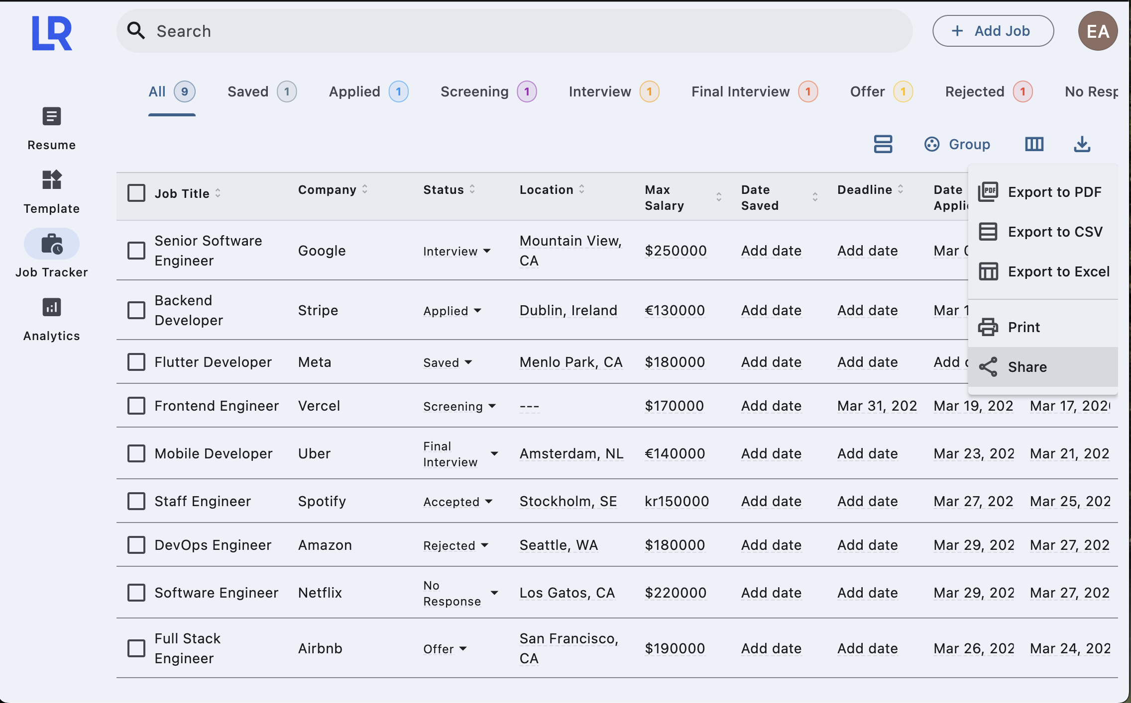 Lexa Resume Job Tracker Interface