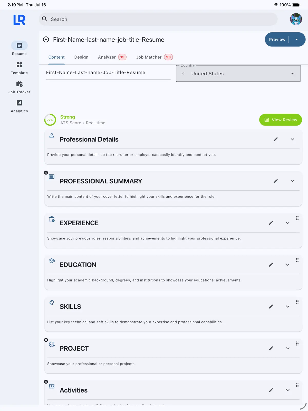 Lexa Resume content editor on iPad